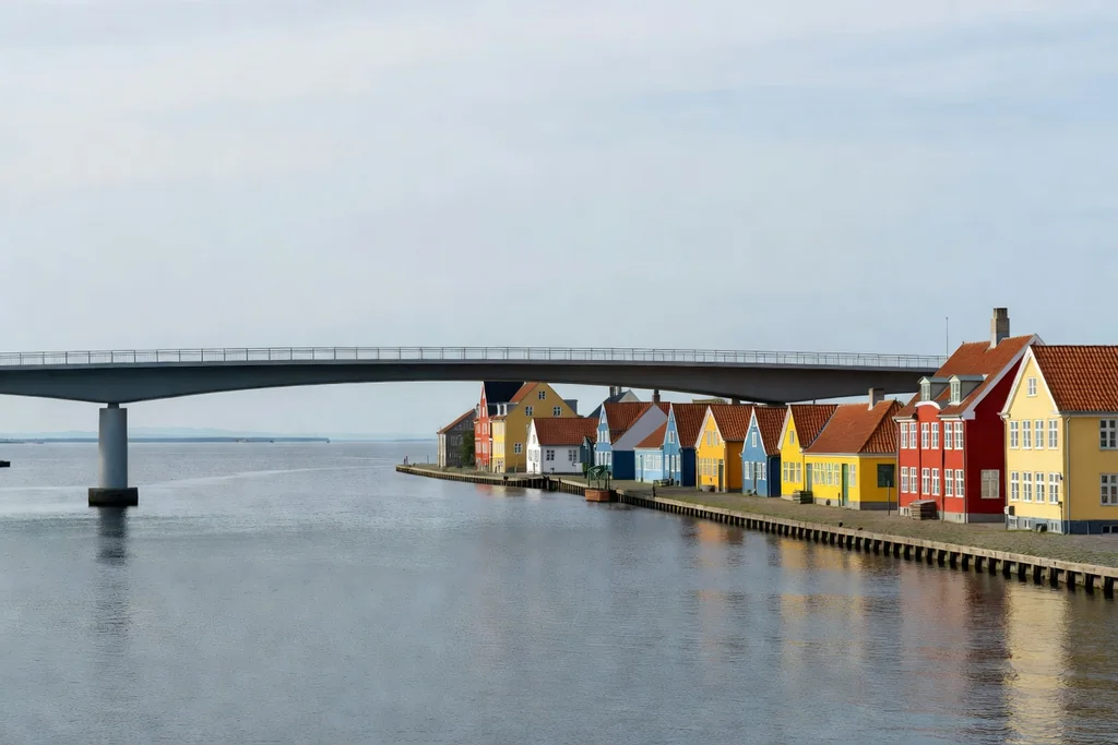 Danish harbour town with a modern bridge, low colourful houses and calm grey-blue water