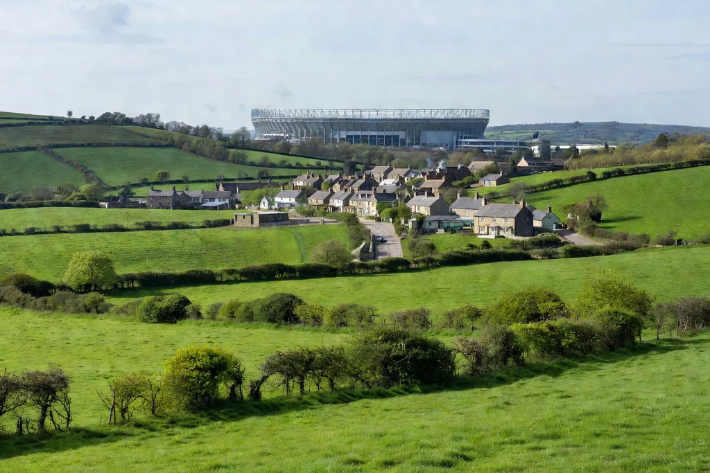 English green countryside with hedgerows, a market town and the roof of a large football stadium behind