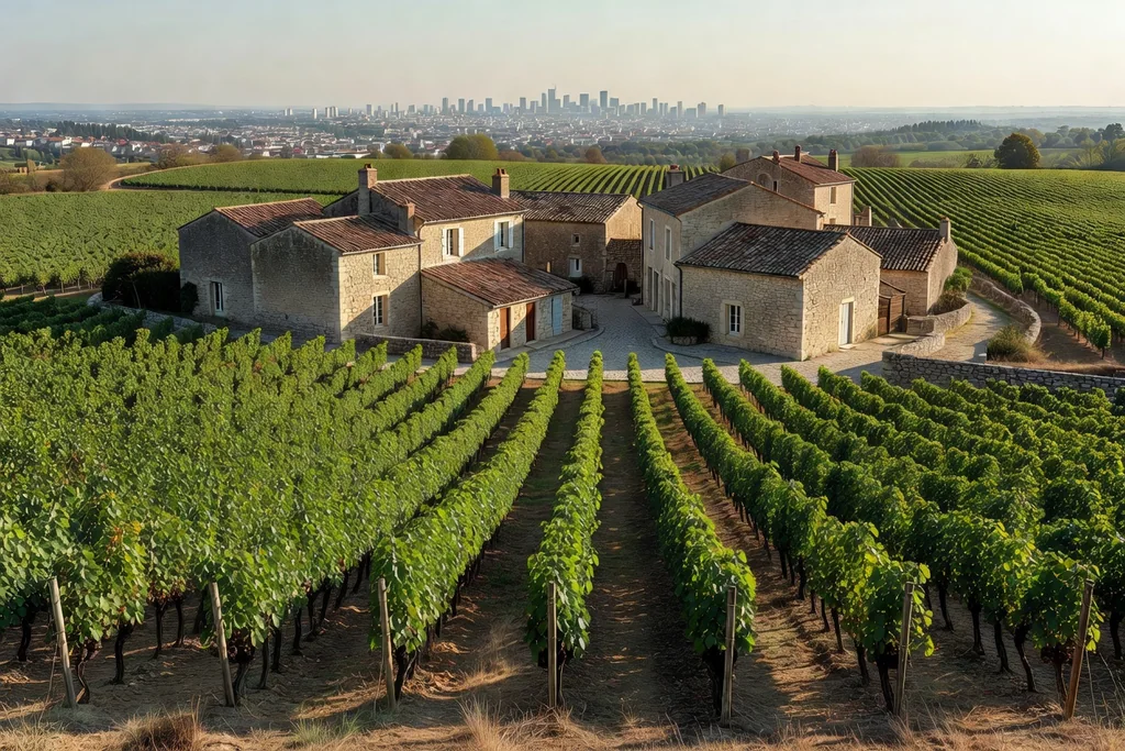 French countryside with rows of vines, a stone village and a distant city skyline