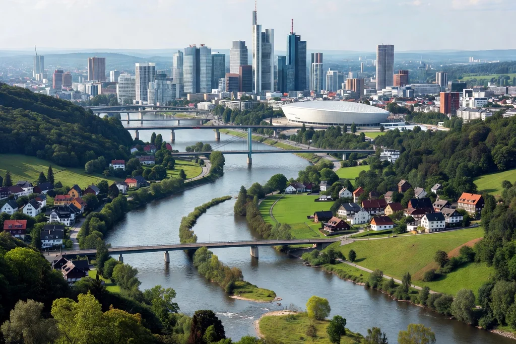 German river valley with a modern city, bridges and the white roof of a football stadium
