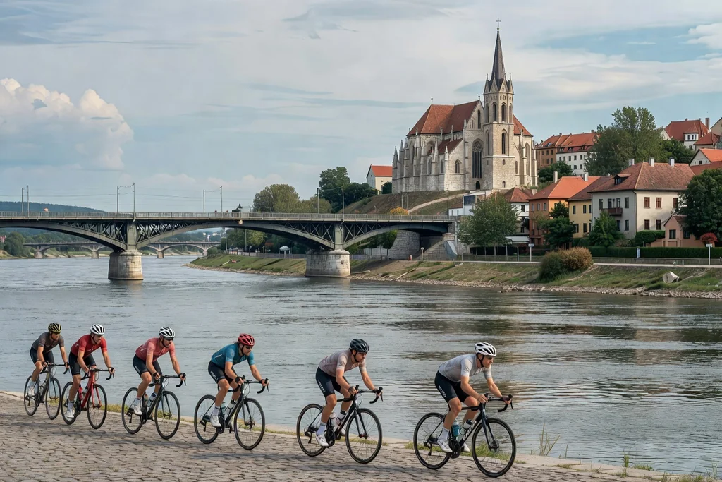 Hungarian riverside town on the Danube bend with a historic basilica and a long bridge