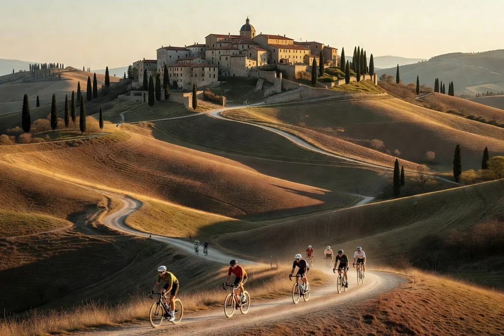 Italian hilly landscape with cypress trees, a domed hill town and warm late-afternoon light