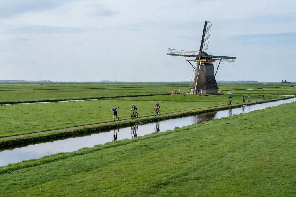 Dutch polder landscape with a windmill, straight canals and flat green fields