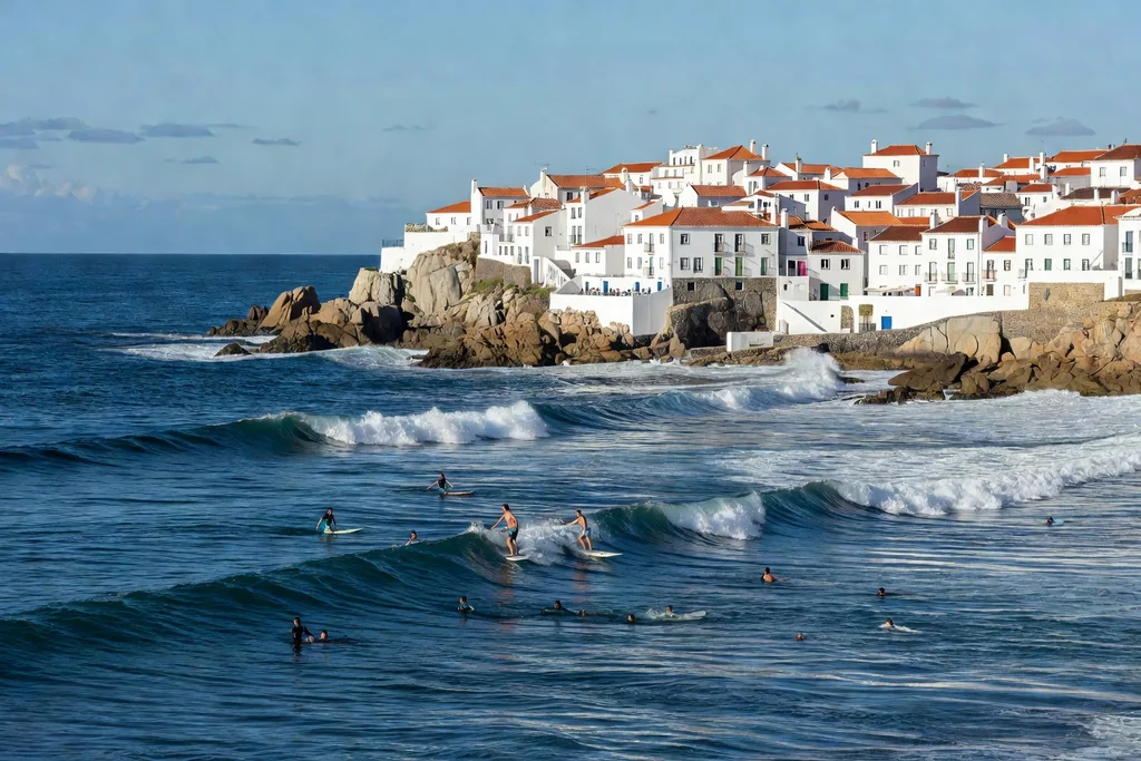 Portuguese Atlantic coast with a terracotta-roofed white town above blue water