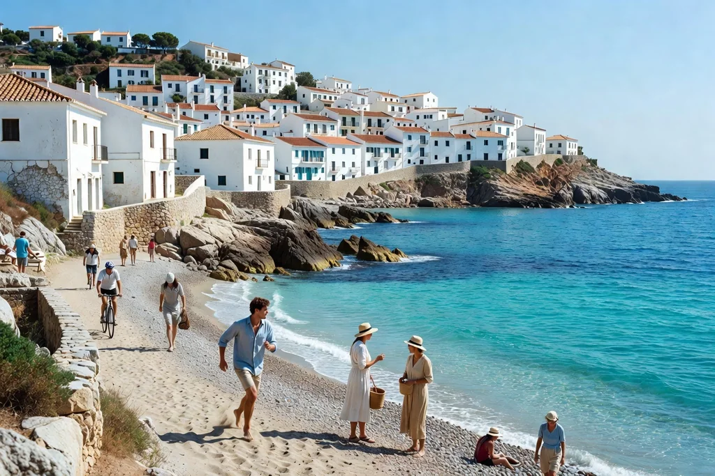 Spanish Mediterranean coast with a hillside white town and bright blue sea