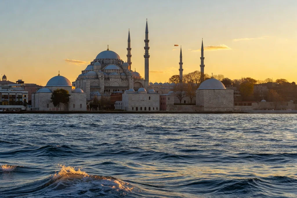 Turkish strait with domed mosques and slender minarets above the water at golden hour