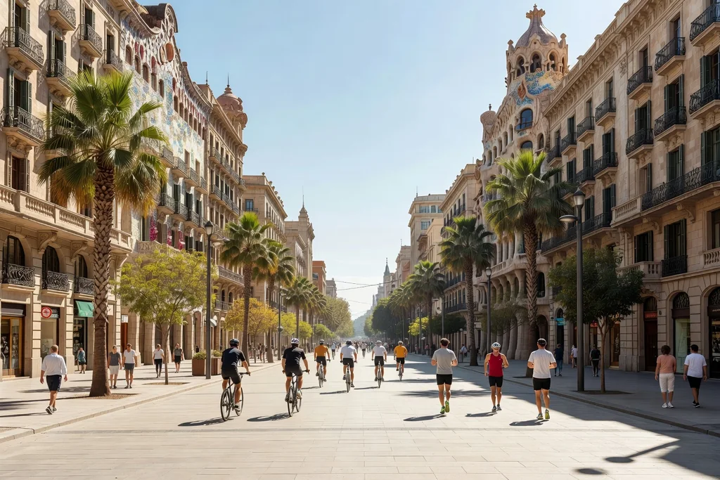 Wide Barcelona boulevard with modernist facades, palm trees and a bright sunny pavement