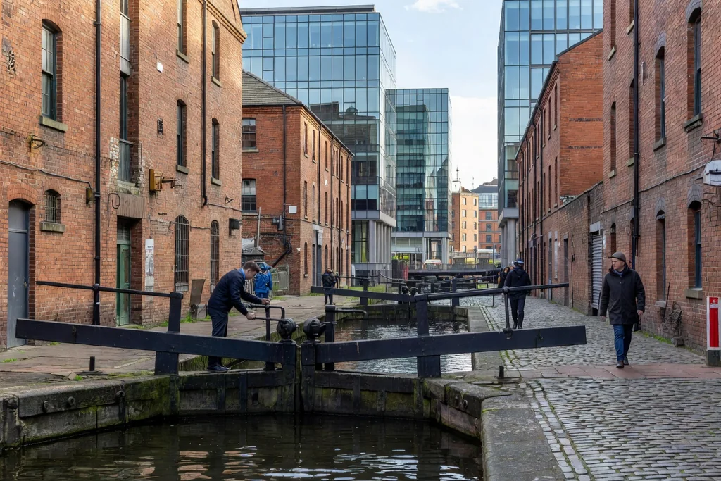 Birmingham canal quarter with brick warehouses, locks and modern glass towers behind