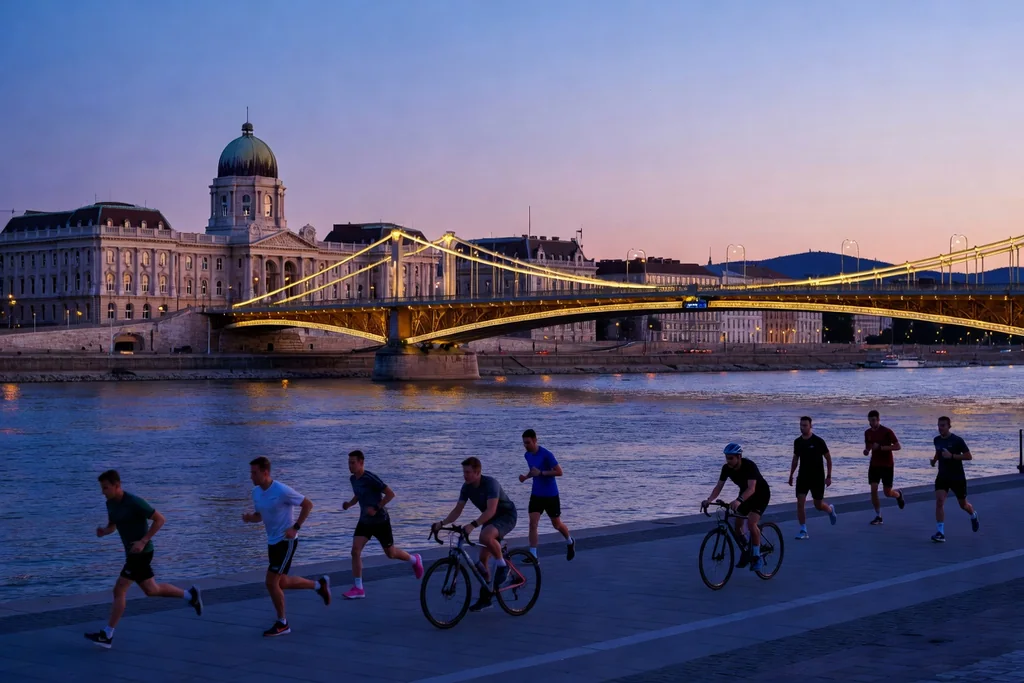Budapest riverfront at evening with a grand domed historic building and a lit bridge over the Danube