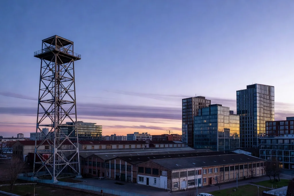Dortmund skyline at dusk with an industrial steel tower, warehouses and modern buildings
