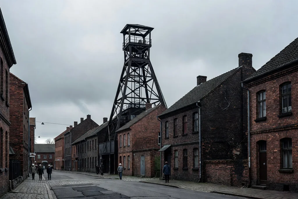 Post-industrial German townscape with a preserved coal-mine winding tower, brick buildings and overcast sky
