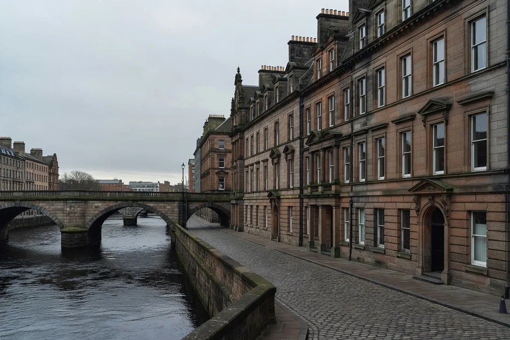Glasgow street of Victorian sandstone buildings with a river and stone bridges in soft grey light