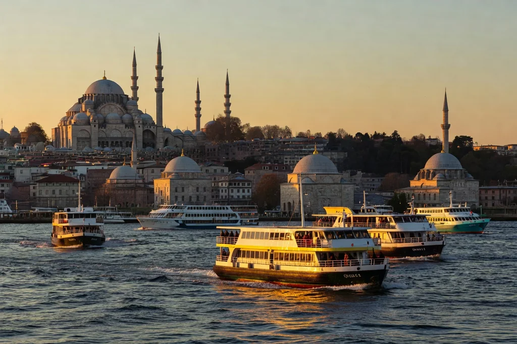 Istanbul waterfront at sunset with domes and minarets, ferries crossing the strait