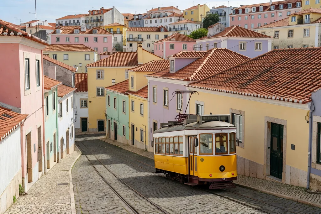 Lisbon hillside with pastel houses, a yellow tram climbing a narrow street and tiled rooftops