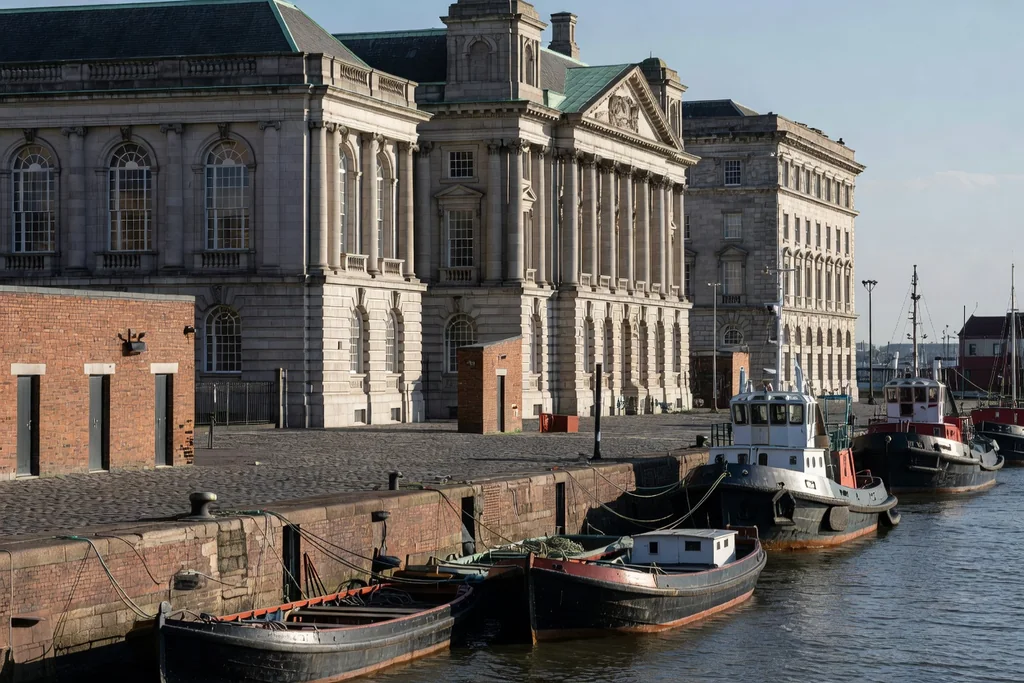 Liverpool waterfront with historic brick docks, grand civic buildings and moored boats