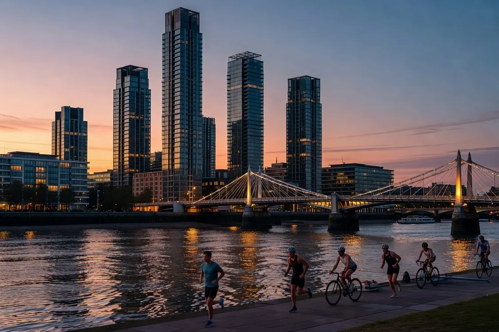 London riverside at dusk with modern towers, a lit suspension bridge and reflections on the water