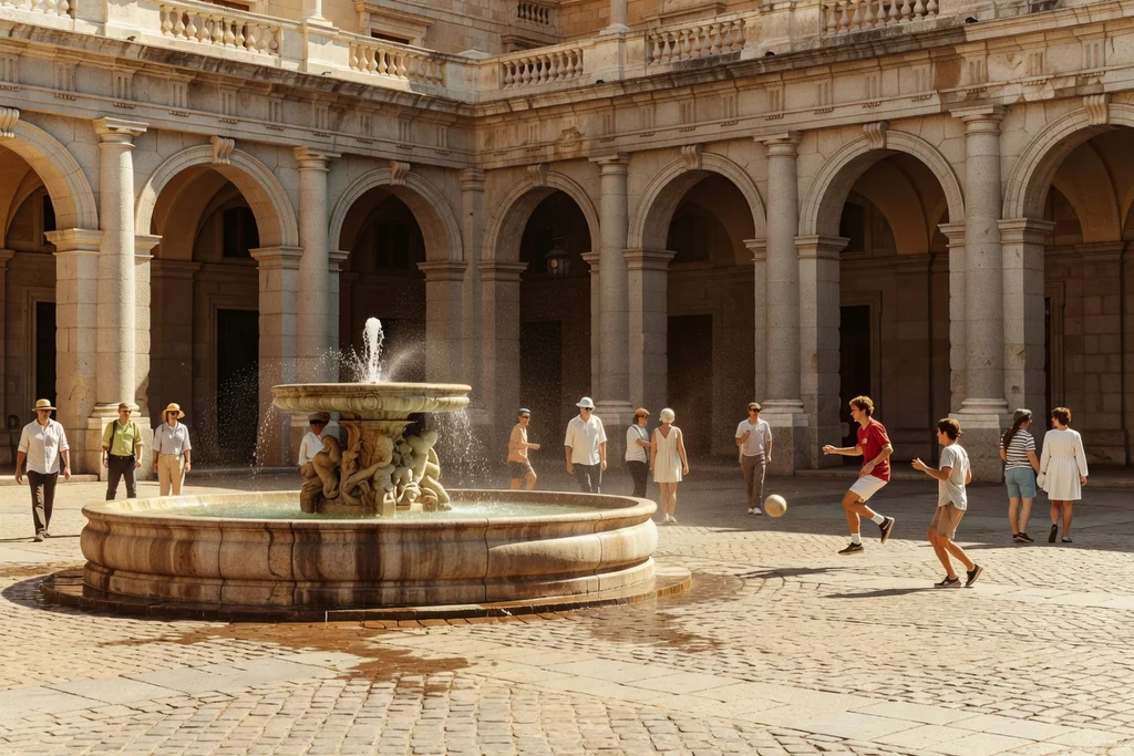 Madrid grand classical plaza with a fountain, stone arcades and a warm sunny afternoon