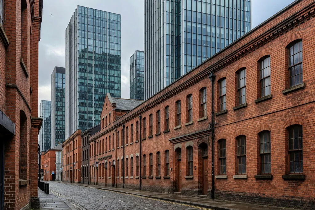 Manchester street of red-brick industrial buildings with modern glass towers rising behind
