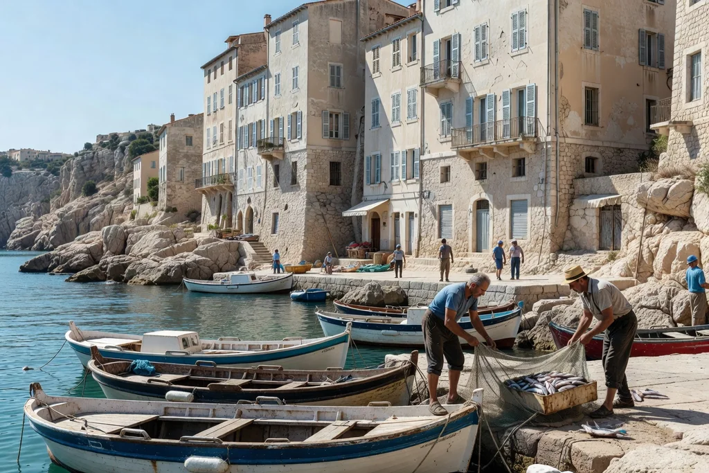 Marseille Mediterranean port with limestone creeks, fishing boats and pale apartment blocks