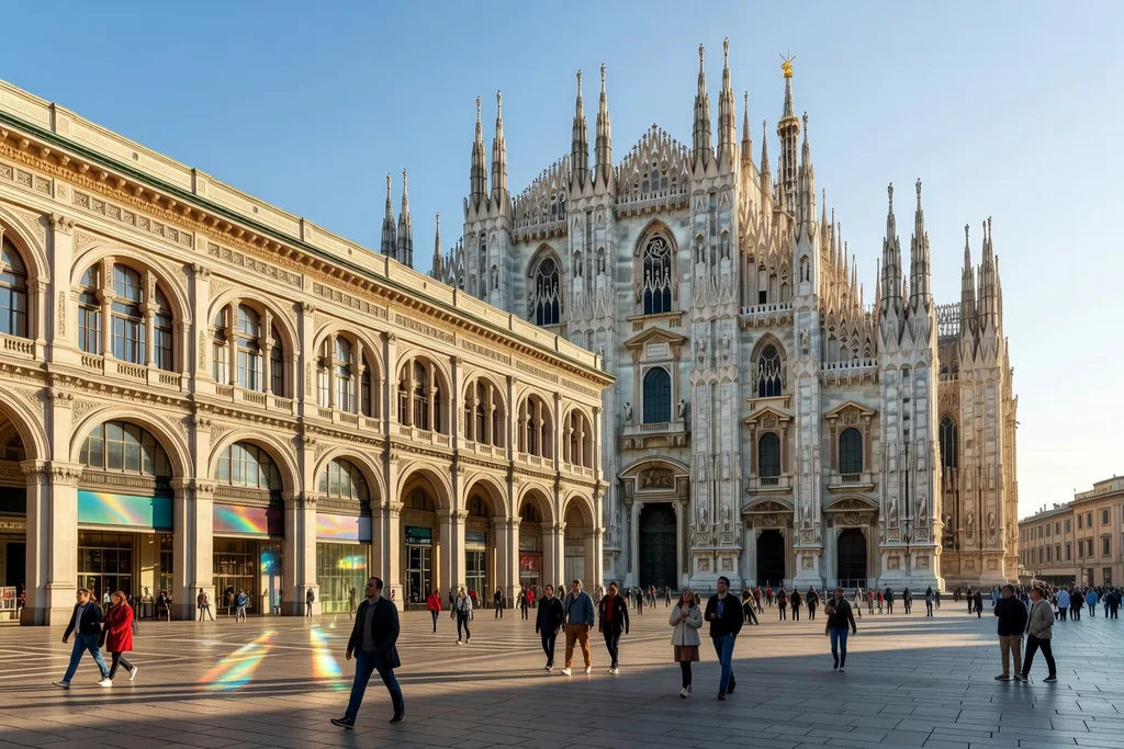 Milan cathedral square in the morning with its gothic spires and the glass arcade beside it