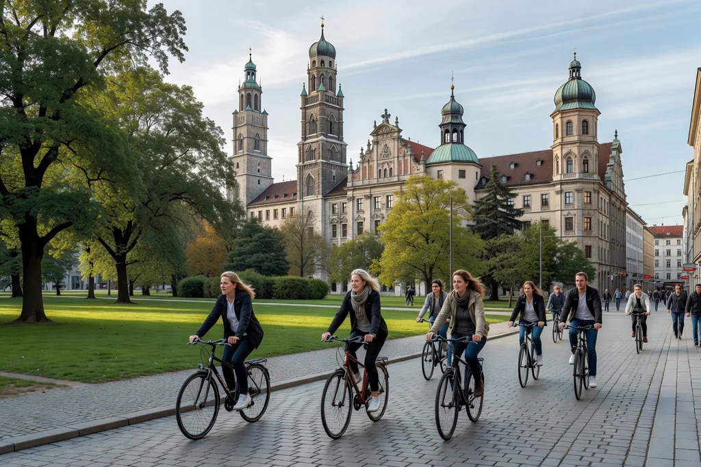 Munich city street with baroque towers, a green park and cyclists in soft daylight