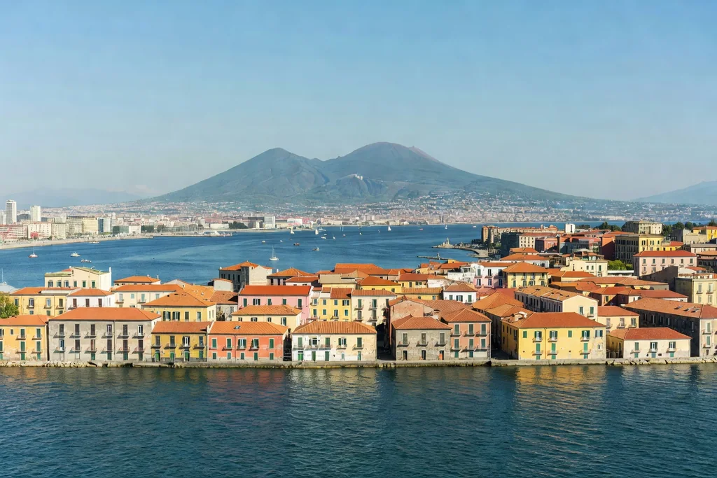 Naples bay with a distant volcano on the horizon, colourful old town rooftops and the sea