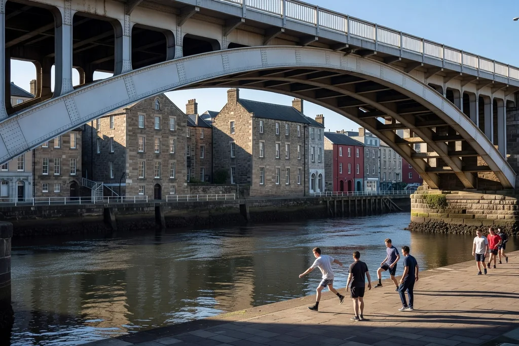 Newcastle quayside with a curved steel bridge over the river and historic stone buildings