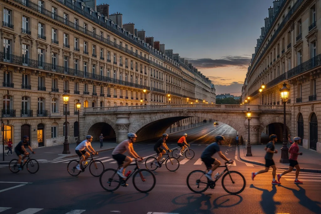 Paris boulevard at evening with Haussmann facades, a river bridge and warm street light