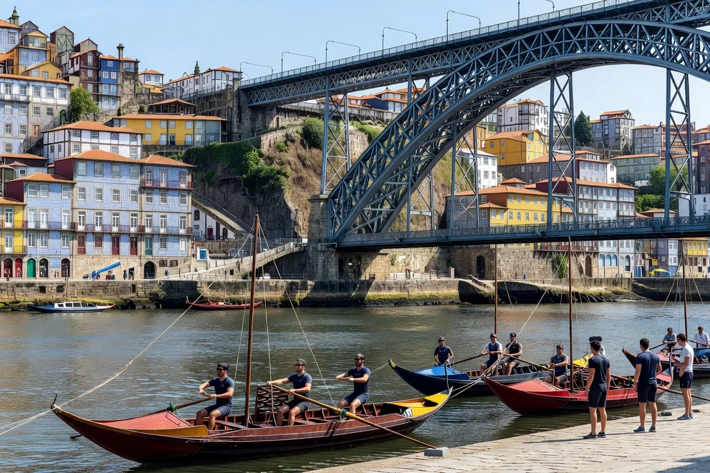 Porto Ribeira riverside with tiled facades, a steel arch bridge and rabelo boats