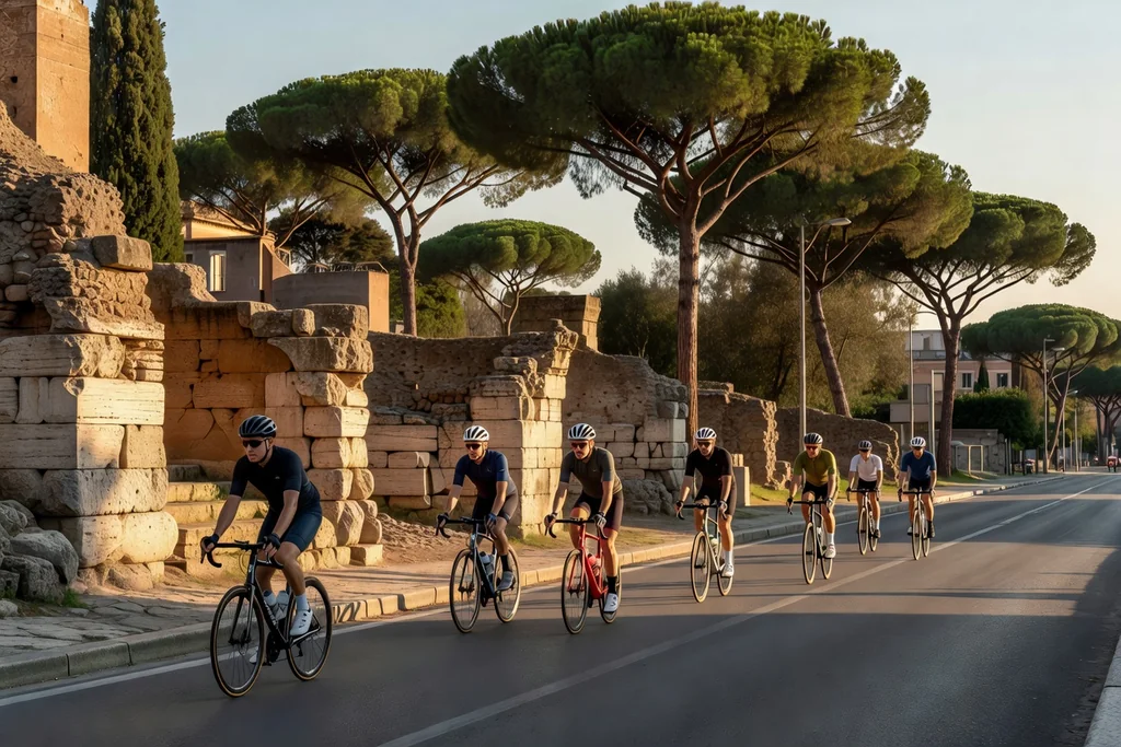 Rome street with ancient stone ruins beside a modern road, umbrella pines and warm golden light