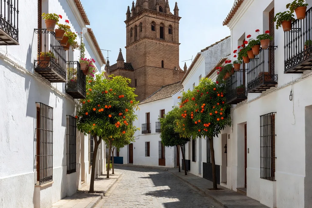 Seville whitewashed Andalusian street with orange trees, iron balconies and a tall brick tower