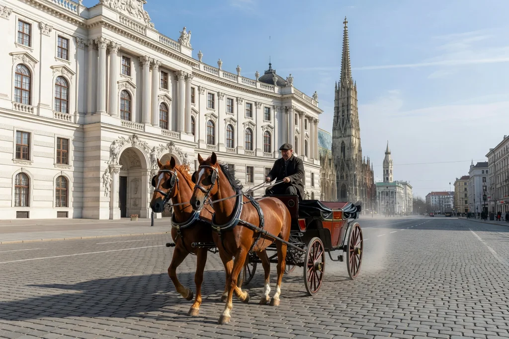 Vienna imperial boulevard with a grand palace, a cathedral spire and a horse carriage