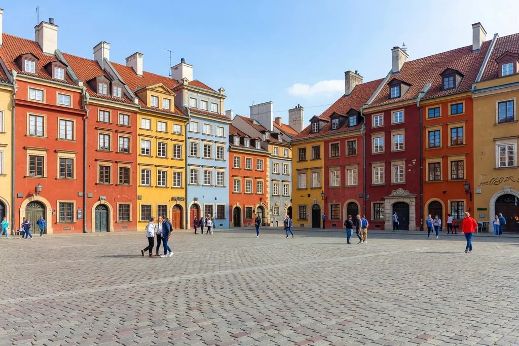 Warsaw rebuilt old-town square with colourful facades and cobbles in bright daylight