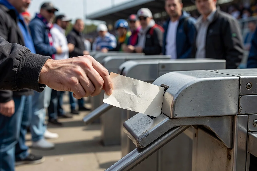 Close-up of a fan's hand pushing a plain paper ticket into a stadium turnstile entry gate