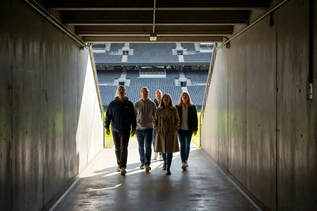 Small group of visitors walking through the players' tunnel of a football stadium on a guided tour