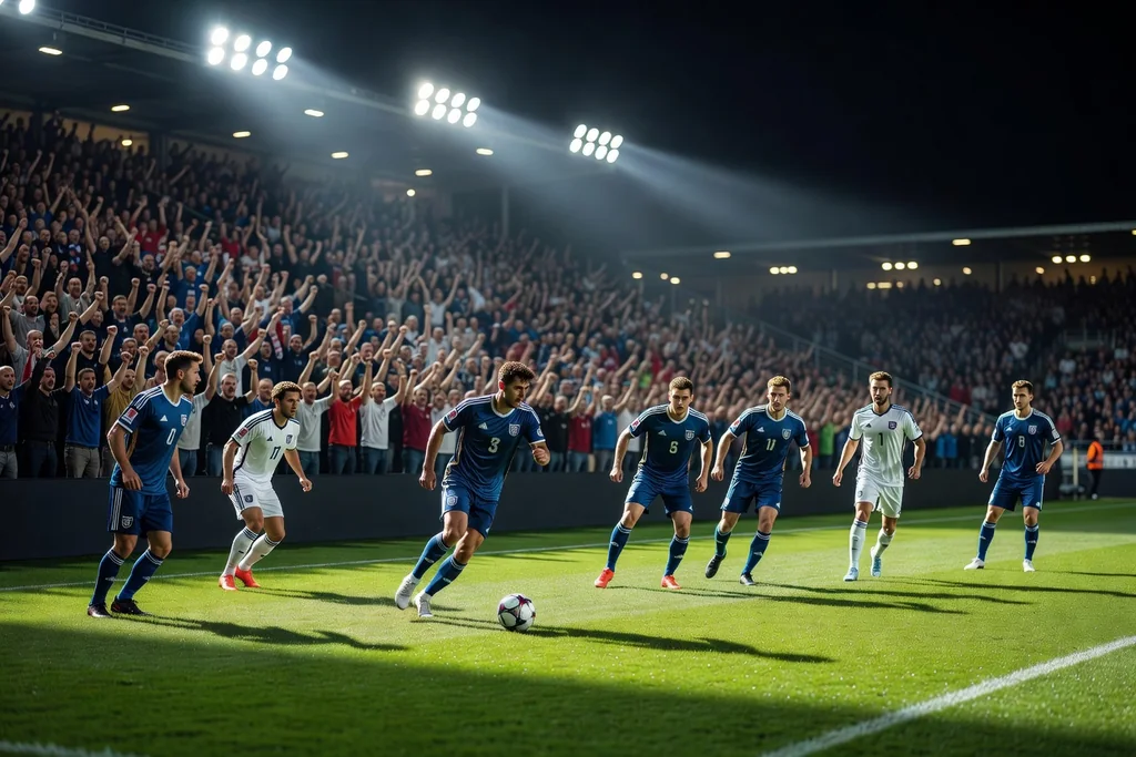 Football pitch under bright floodlights at night during a European match, packed stands, dramatic light and atmosphere