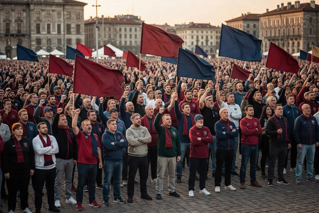 Crowd of football supporters gathered in a city fan zone square before a match, plain banners and scarves