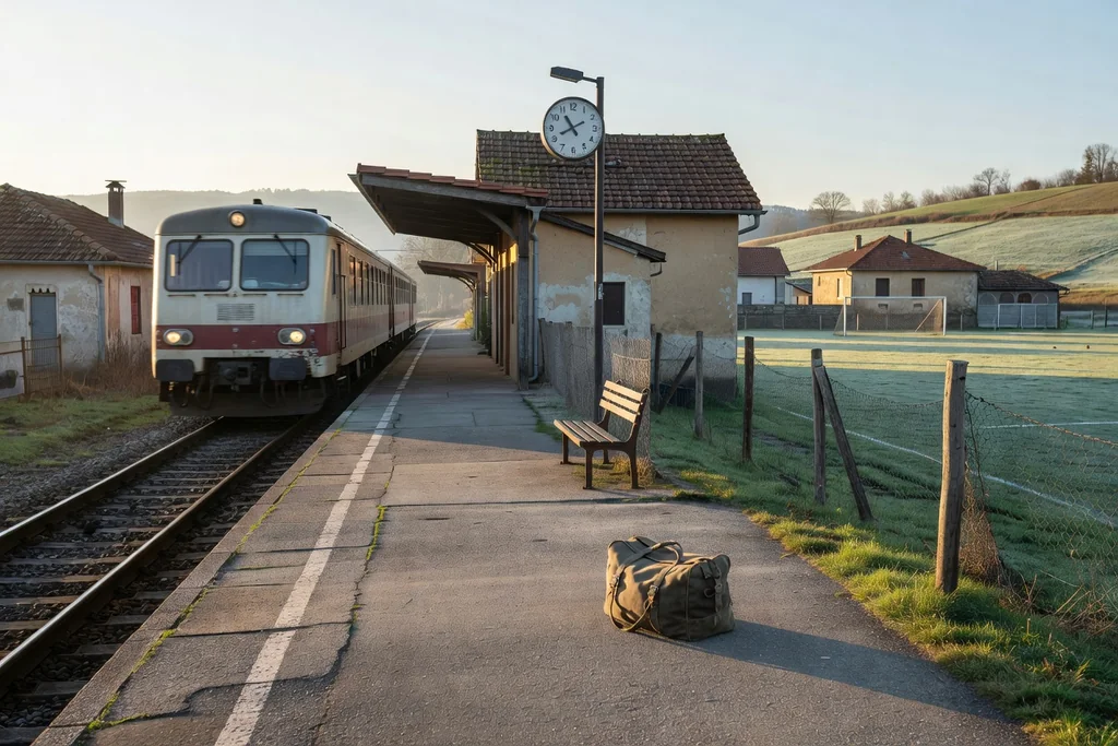 Regional train arriving at a small European station with a football ground visible behind the rooftops