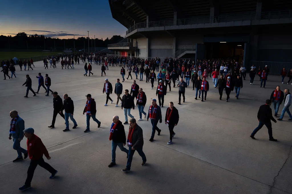Football supporters streaming out of a stadium exit after a match in the fading dusk, wide view of the concourse