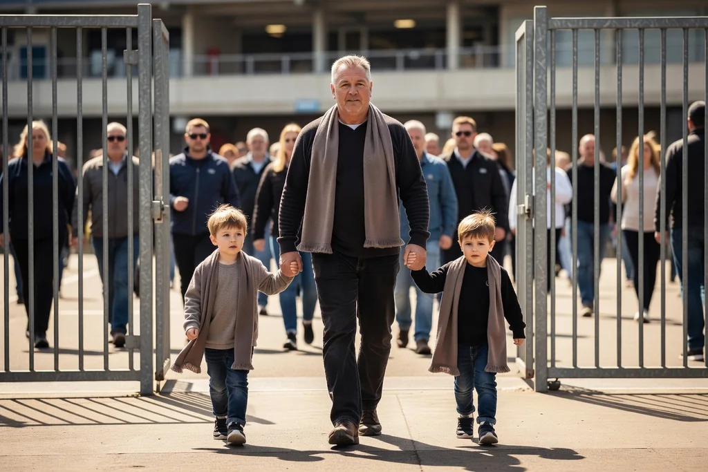 Parent with two children wearing plain football scarves arriving at the stadium gate on a sunny matchday