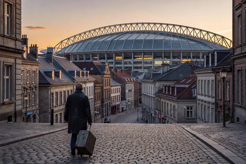 Wide European city street with a large football stadium roof rising behind the rooftops