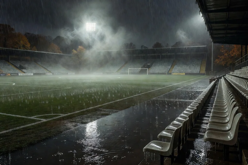 Football pitch under heavy autumn rain, empty stands with wet seats, floodlights glowing through the downpour