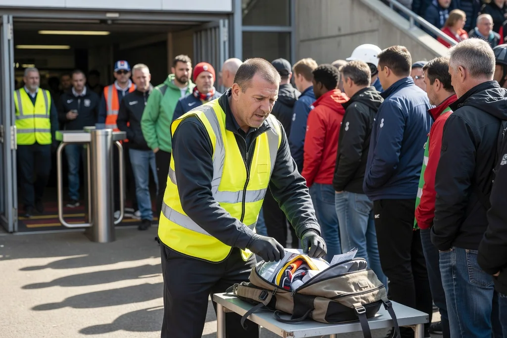 Stadium steward checking bags at the entrance gate while supporters queue in line, daylight, matchday security theme