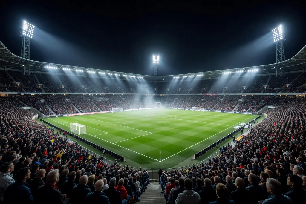 A large European football stadium at night, brilliant floodlights, packed stands, glowing pitch
