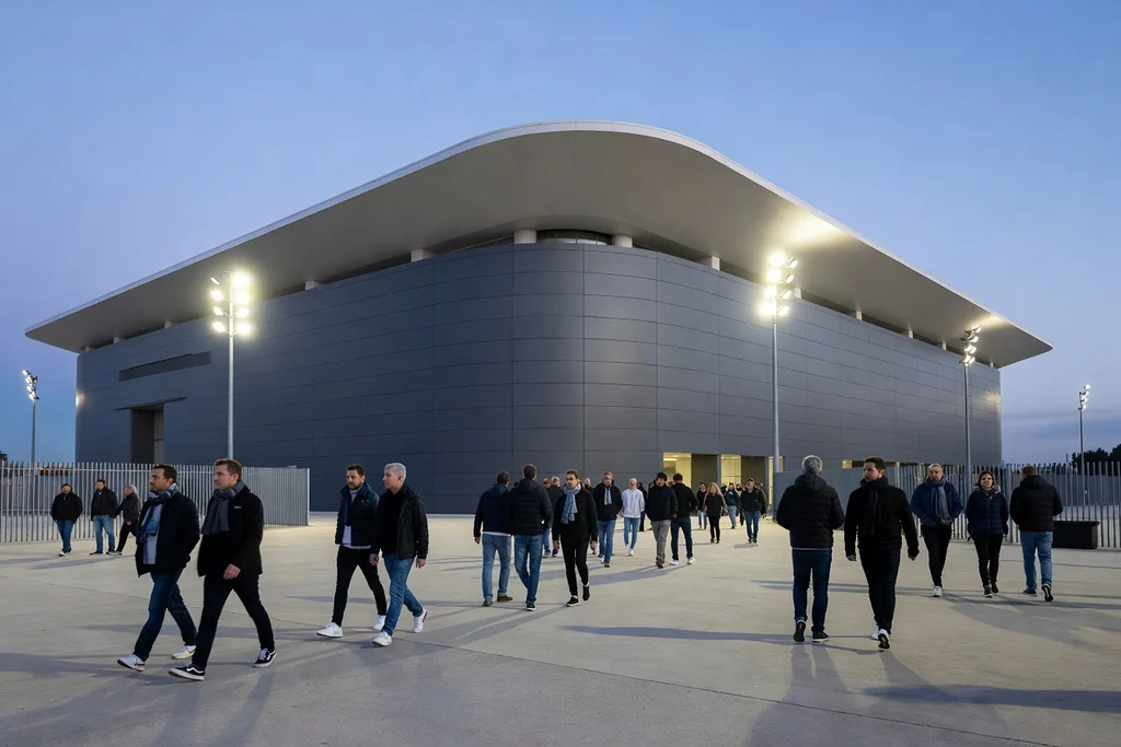 Modern Italian football stadium with grey composite cladding and a clean white roof, floodlit evening exterior