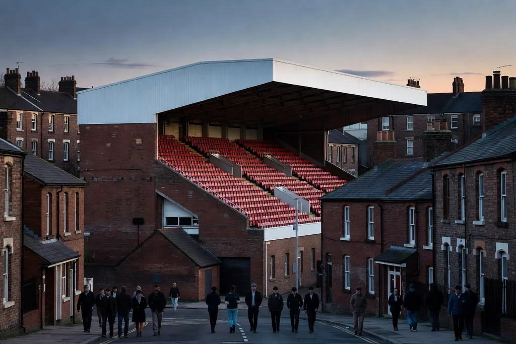 Historic English football ground at dusk seen from the street