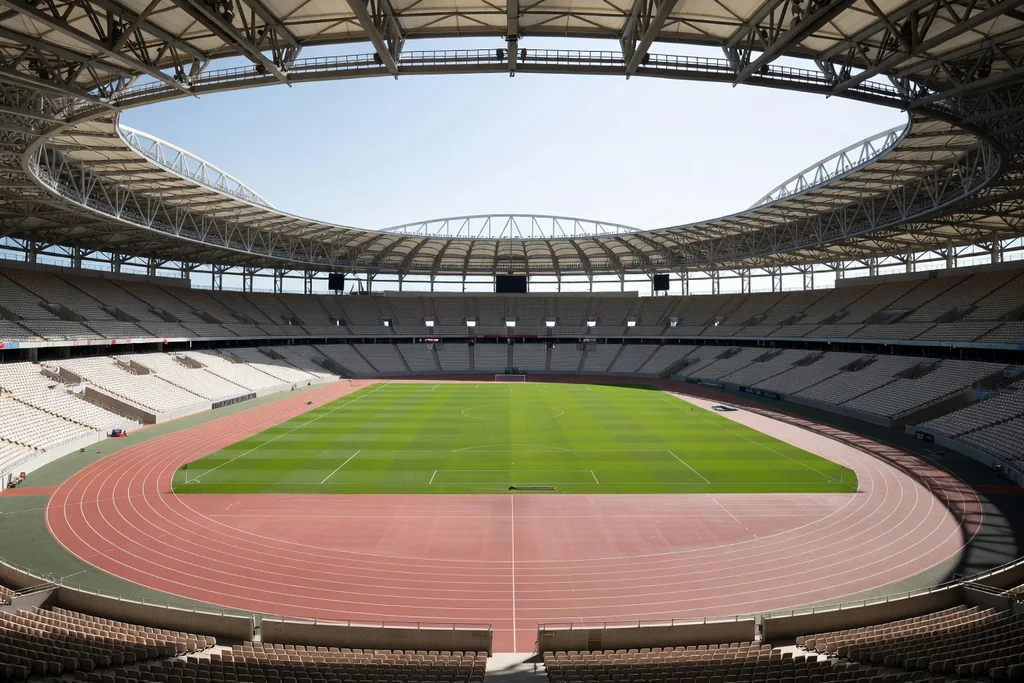 Large Turkish stadium with a tall steel roof and an athletics track around the pitch, empty in bright daylight