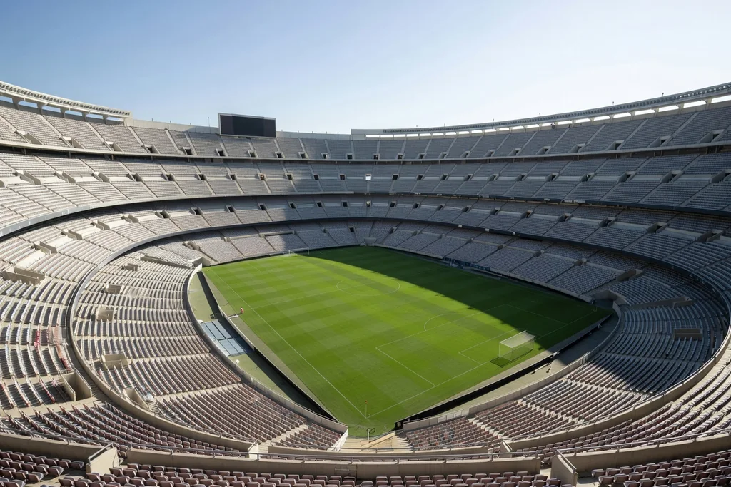 Enormous Spanish football ground with a vast open concrete bowl and towering tiers, empty in bright sunlight