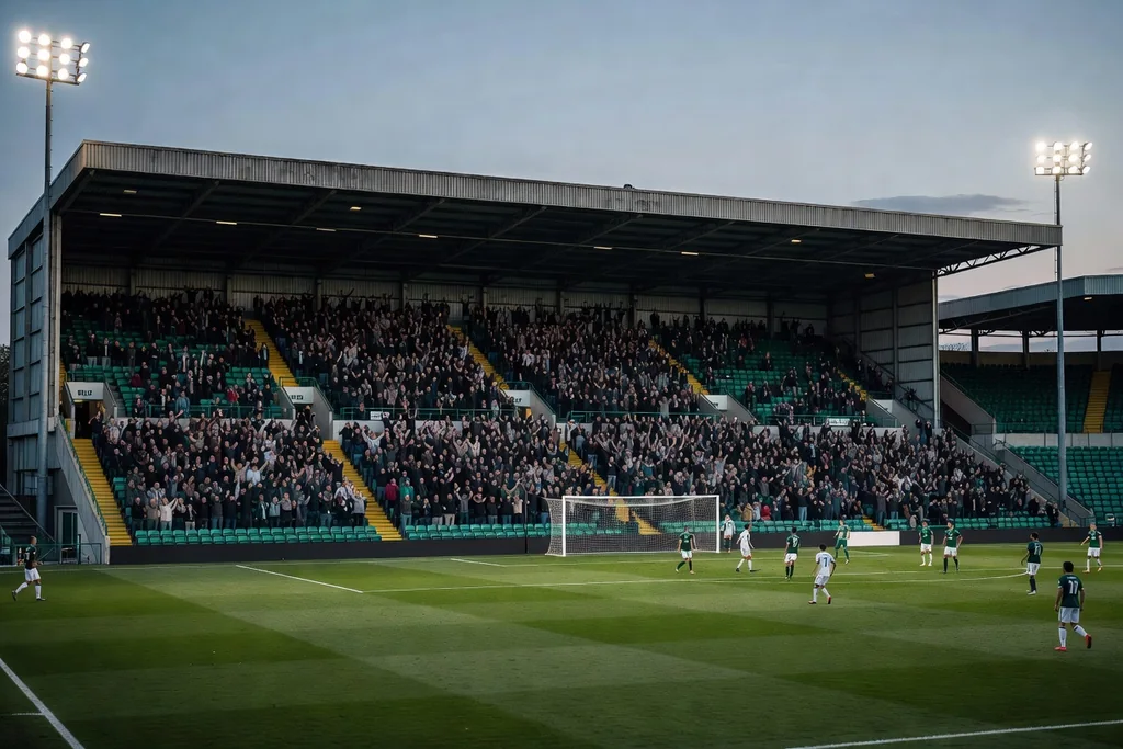 Scottish football ground with a huge single-tier stand behind the goal, green seats, packed with supporters
