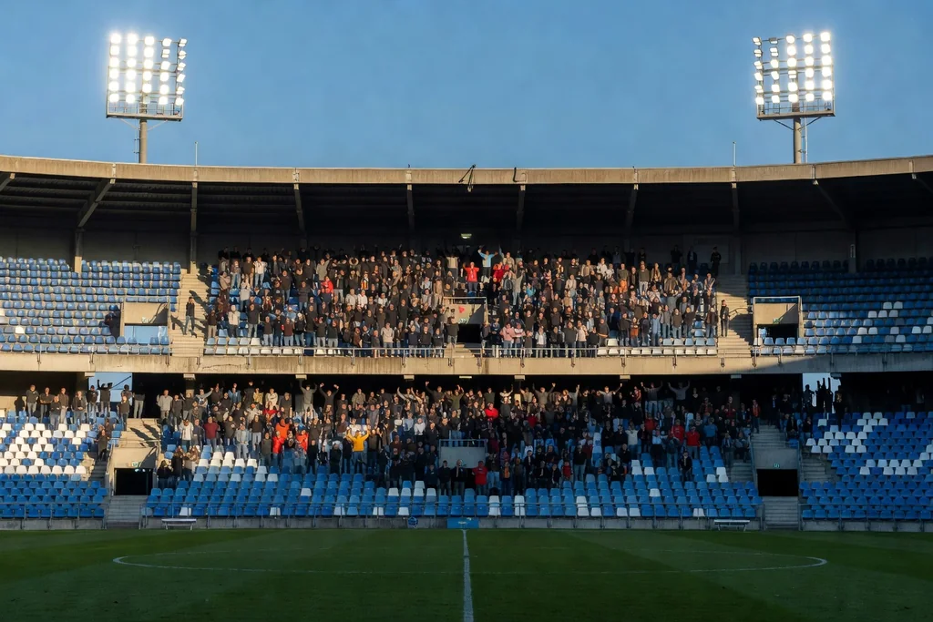 Dutch football ground, a historic two-tier all-seated bowl with blue and white seats, floodlit evening